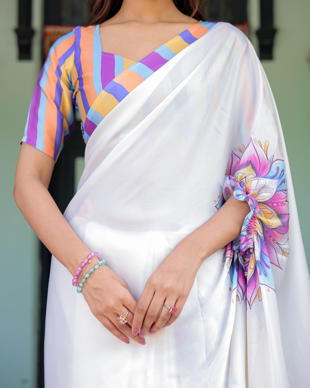 White Satin Georgette Designer Saree with Lotus Mandala Prints & Multicolor Striped Blouse | Handsfree Pallu Loop(Pack of 1)