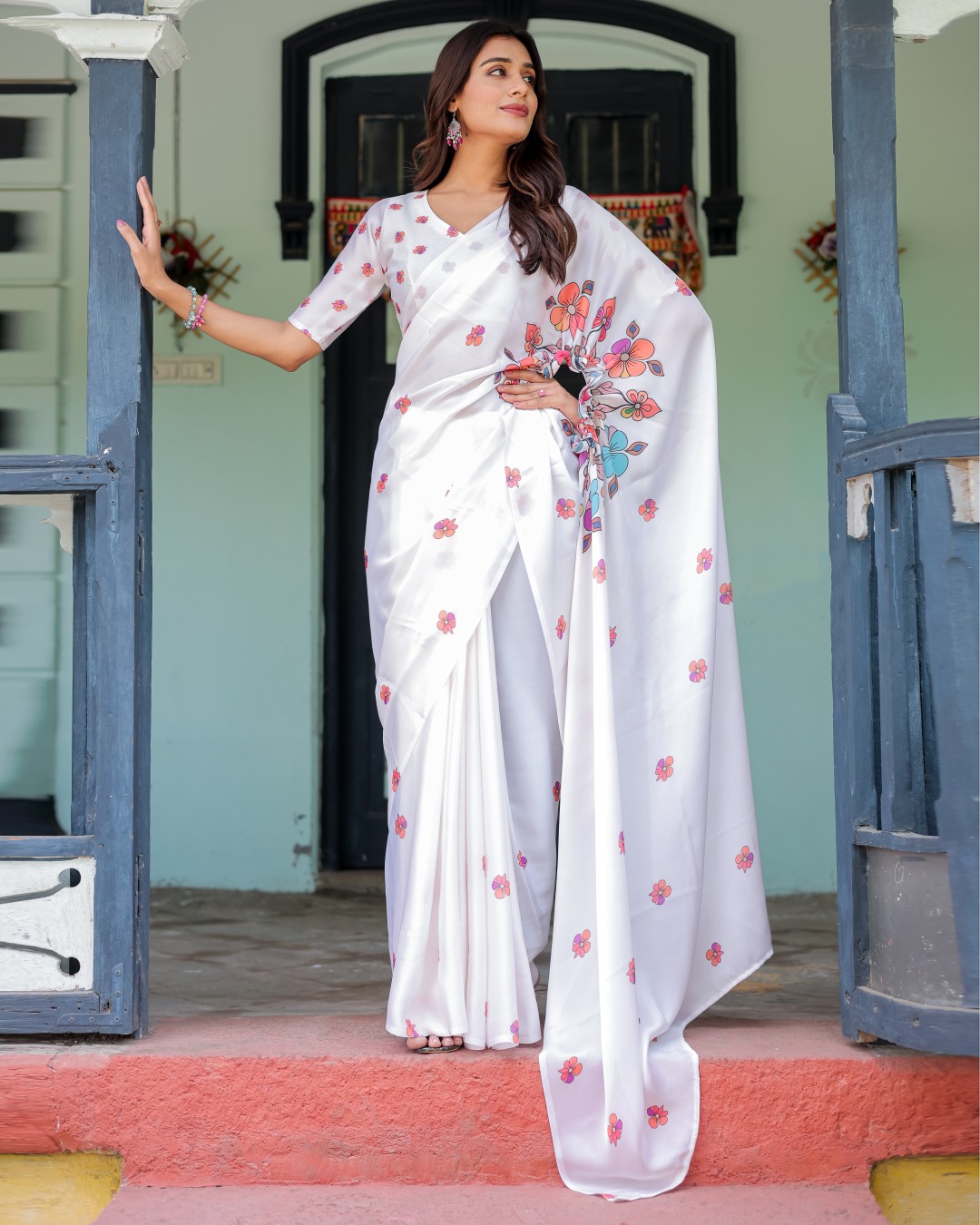 White Satin Georgette Saree with Multicolor Floral Print & Matching Blouse | Handsfree Pallu Loop | Lightweight Designer Saree(Pack of 1)