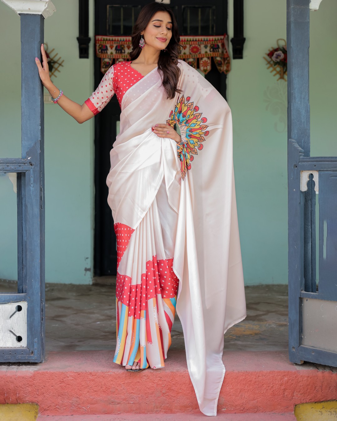 Beige Pink Satin Georgette Saree with Multicolor Flame Mandala Pallu & Red Polka Dot Blouse | Handsfree Pallu Loop Design(Pack of 1)