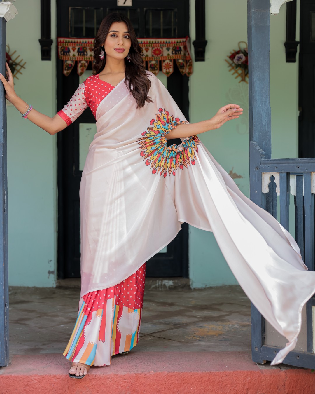 Beige Pink Satin Georgette Saree with Multicolor Flame Mandala Pallu & Red Polka Dot Blouse | Handsfree Pallu Loop Design(Pack of 1)