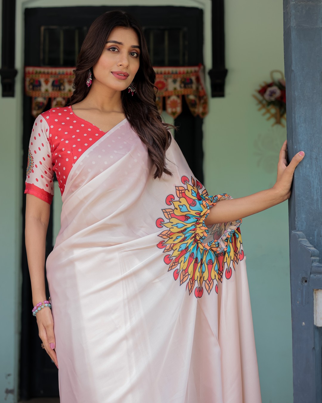 Beige Pink Satin Georgette Saree with Multicolor Flame Mandala Pallu & Red Polka Dot Blouse | Handsfree Pallu Loop Design(Pack of 1)