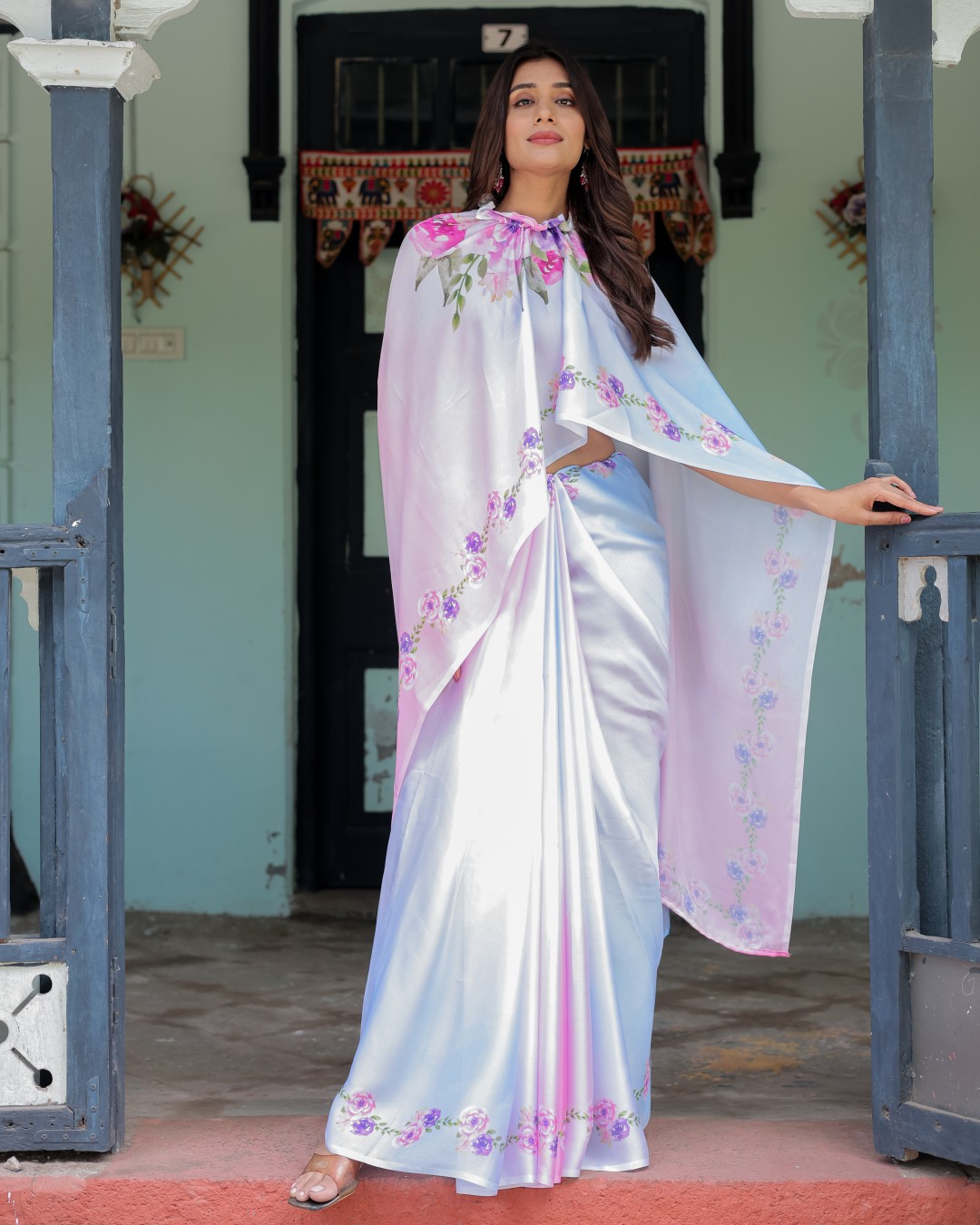 Pastel White Satin Georgette Saree with Purple Rose Floral Print & Rani Pink Blouse | Handsfree Pallu Design(Pack of 1)