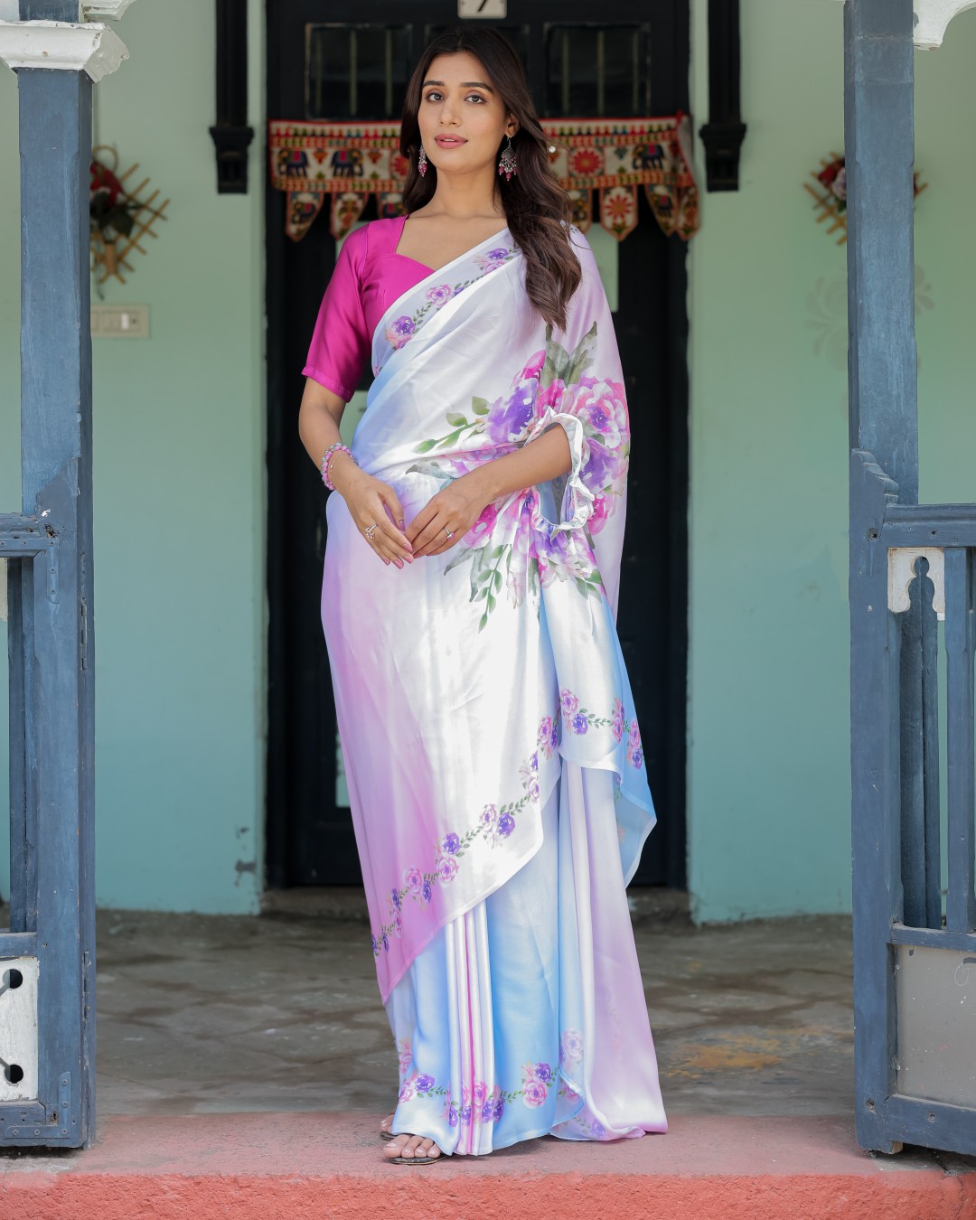 Pastel White Satin Georgette Saree with Purple Rose Floral Print & Rani Pink Blouse | Handsfree Pallu Design(Pack of 1)