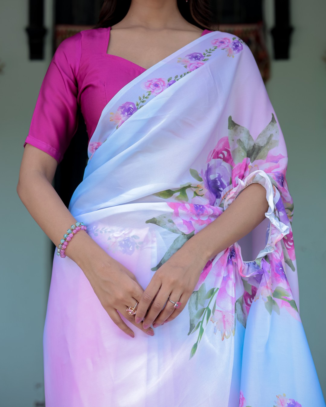 Pastel White Satin Georgette Saree with Purple Rose Floral Print & Rani Pink Blouse | Handsfree Pallu Design(Pack of 1)