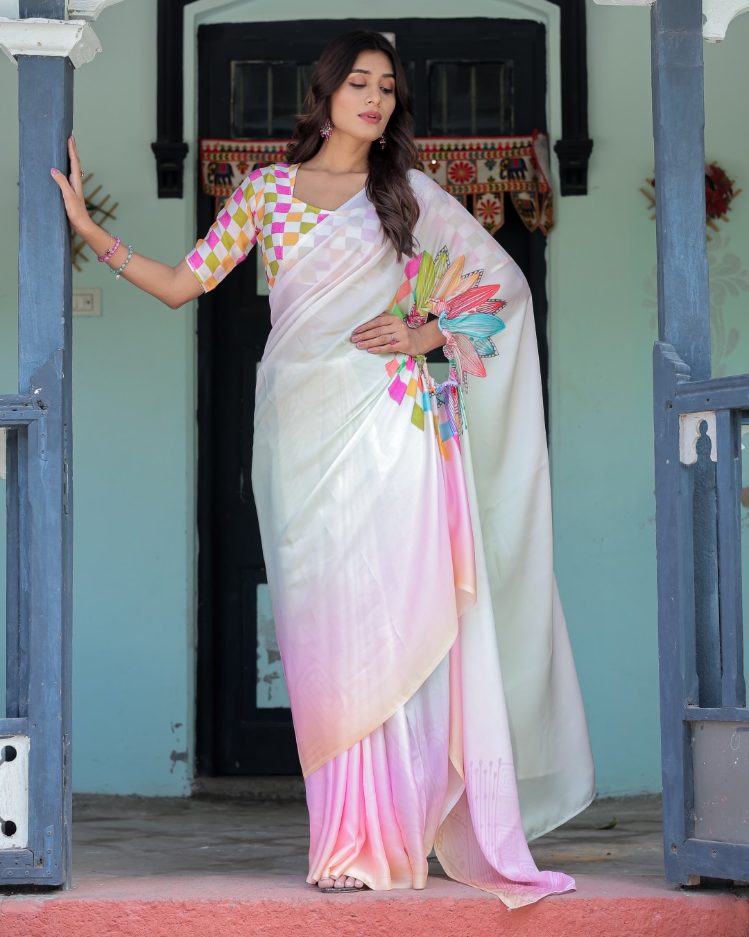 Blush Pink and White Ombre Satin Saree with Mandala Cutout Pallu & Fuchsia Blouse – Elegant Designer Drape(Pack of 1)