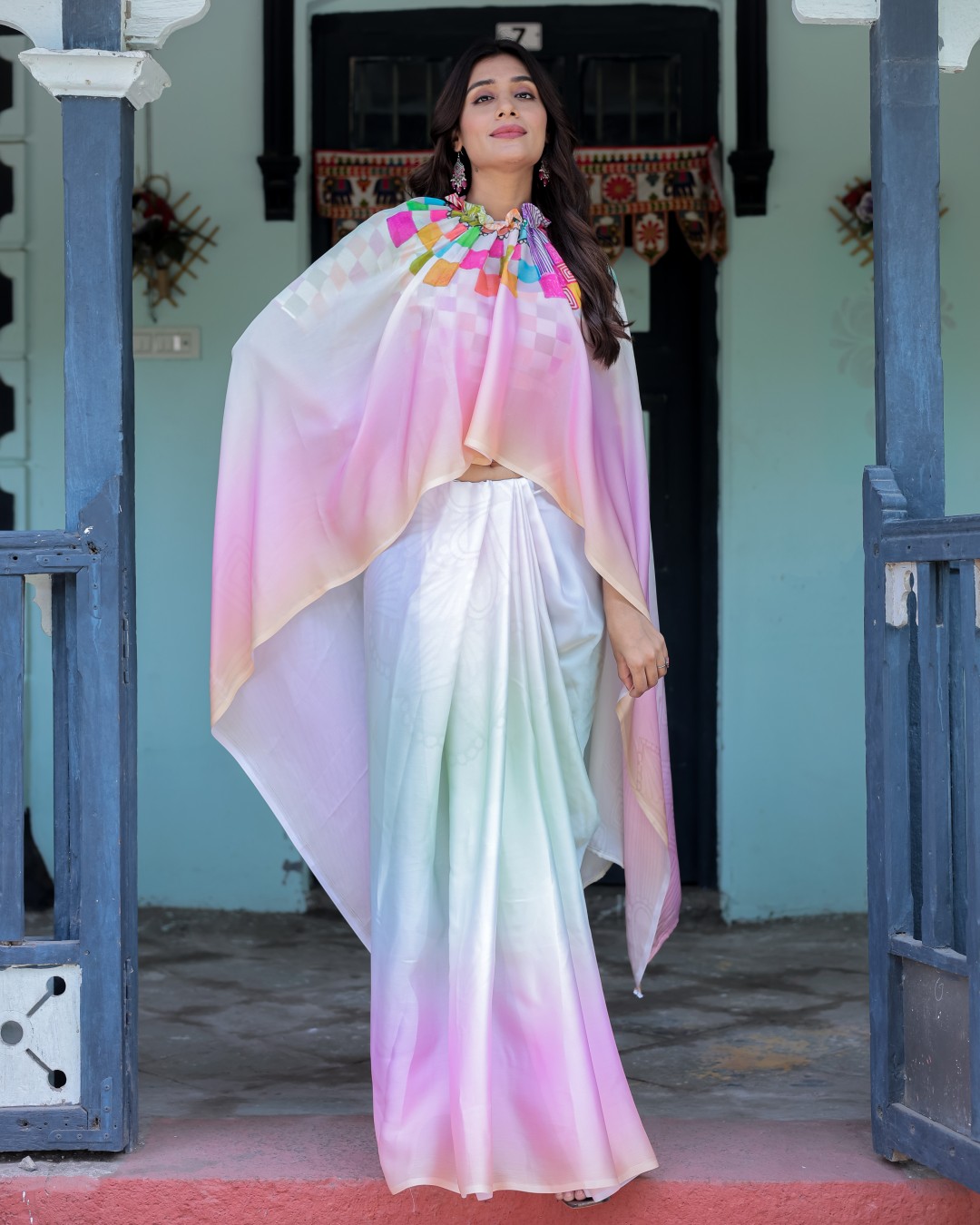 Blush Pink and White Ombre Satin Saree with Mandala Cutout Pallu & Fuchsia Blouse – Elegant Designer Drape(Pack of 1)