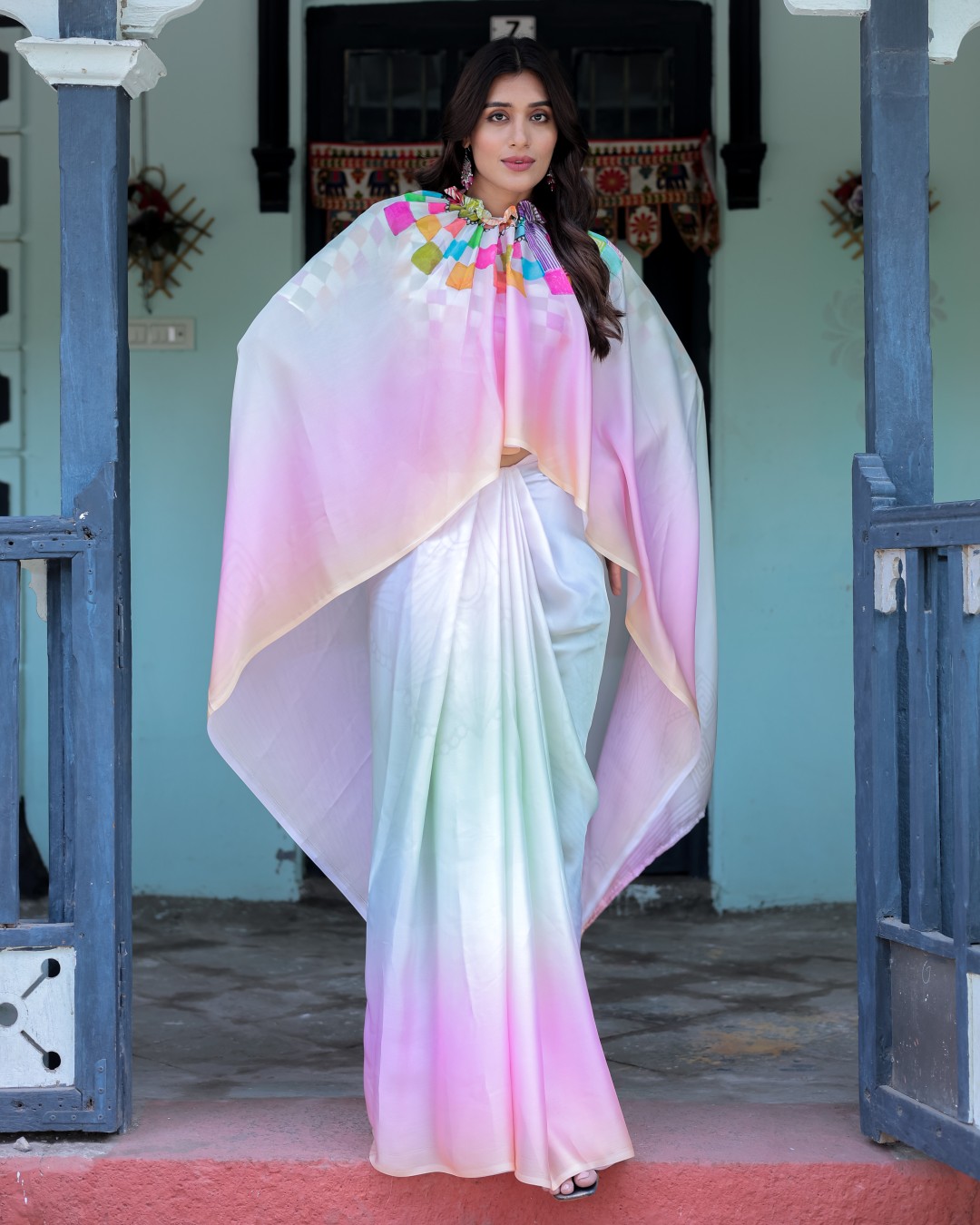 Blush Pink and White Ombre Satin Saree with Mandala Cutout Pallu & Fuchsia Blouse – Elegant Designer Drape(Pack of 1)