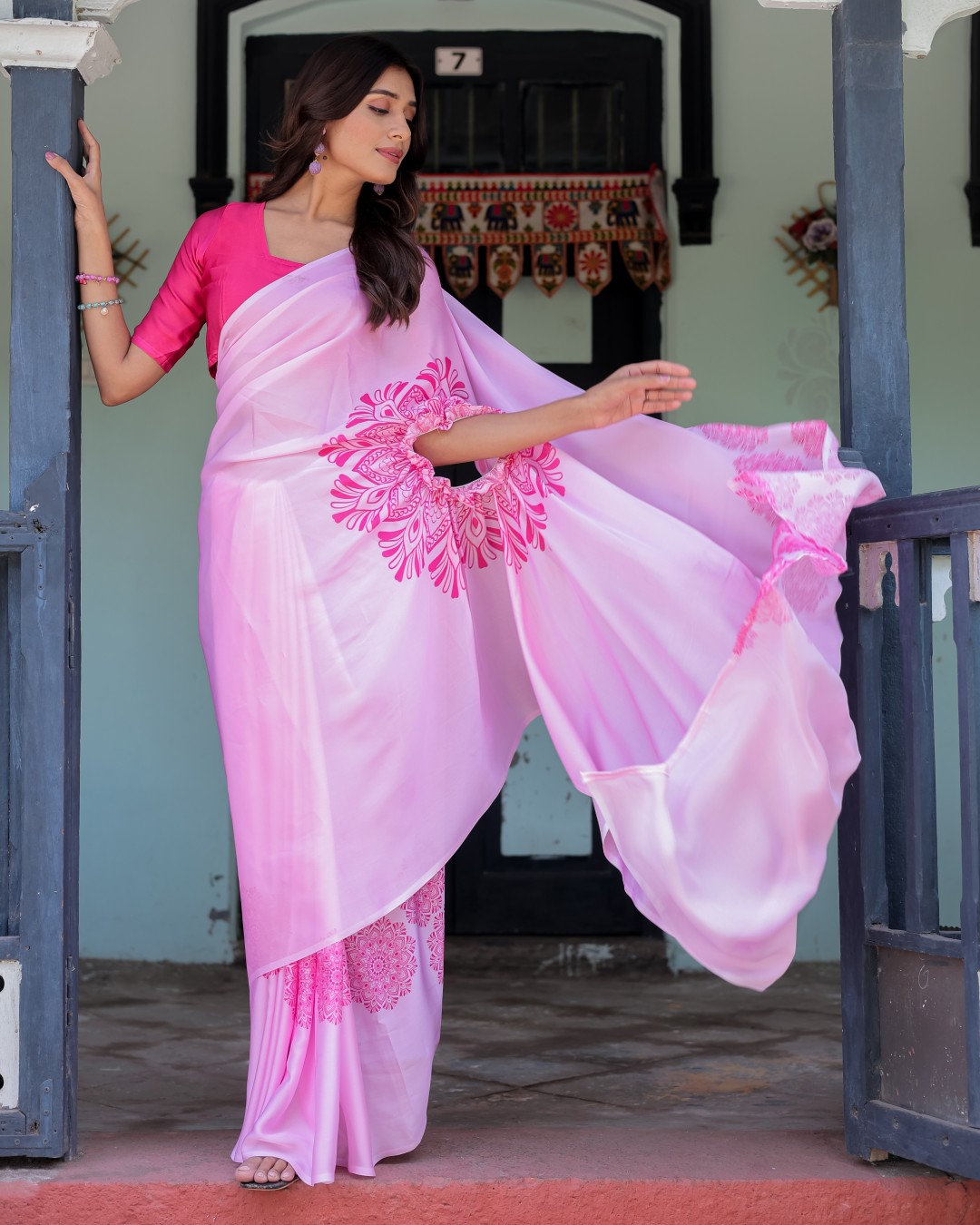 Elegant Baby Pink Satin Feel Saree with Mandala Print & Hot Pink Blouse – Designer Partywear Saree with Attached Blouse Piece(Pack of 1)