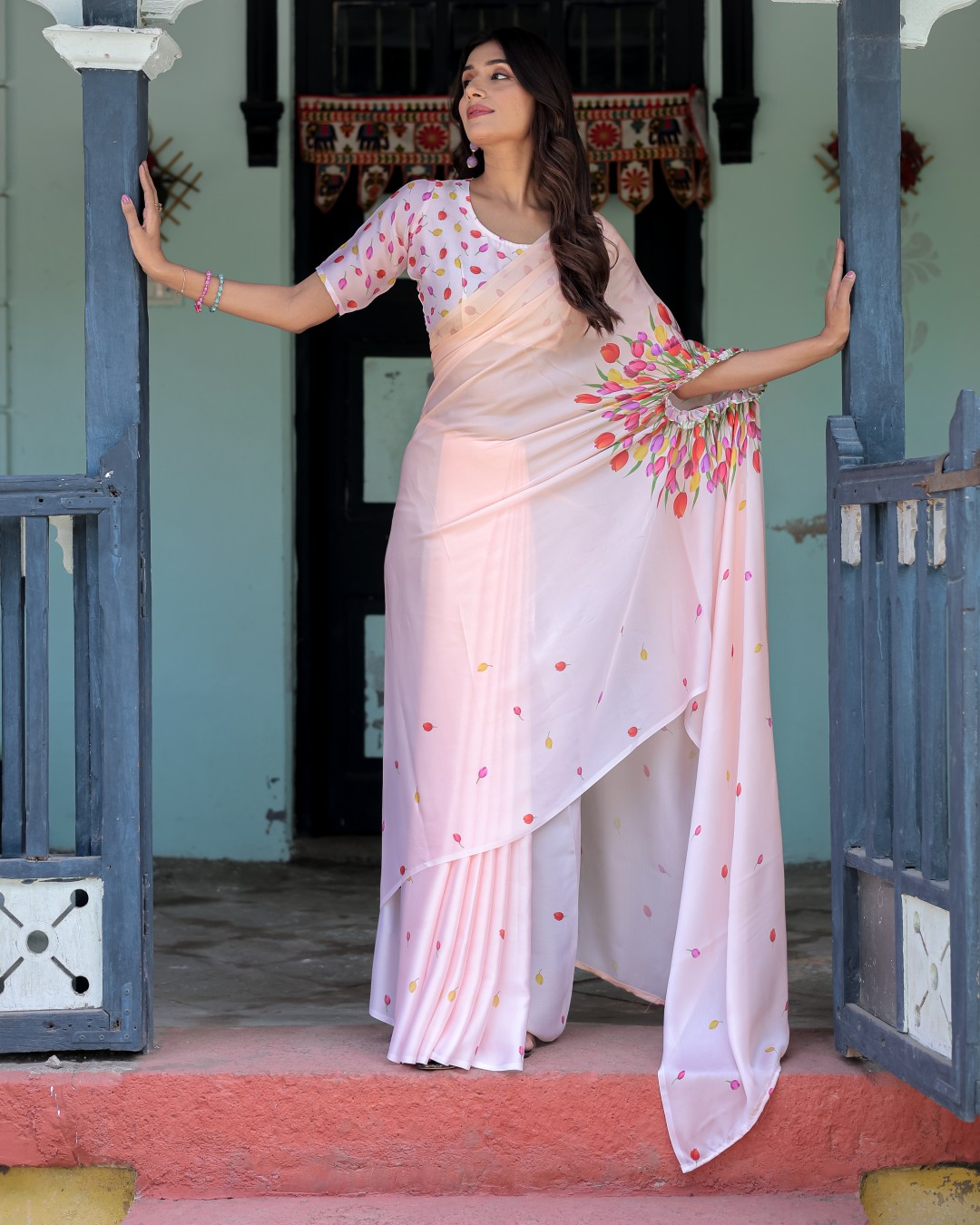 Peach Pink Satin Georgette Designer Saree with Tulip Mandala Artwork & Printed Blouse | Handsfree Pallu Loop (Pack of 1)