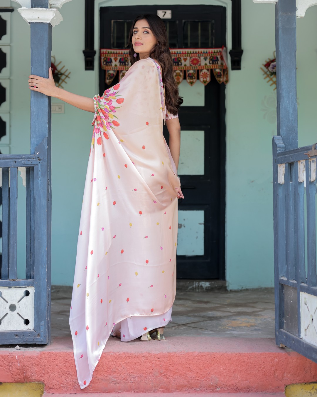 Peach Pink Satin Georgette Designer Saree with Tulip Mandala Artwork & Printed Blouse | Handsfree Pallu Loop (Pack of 1)