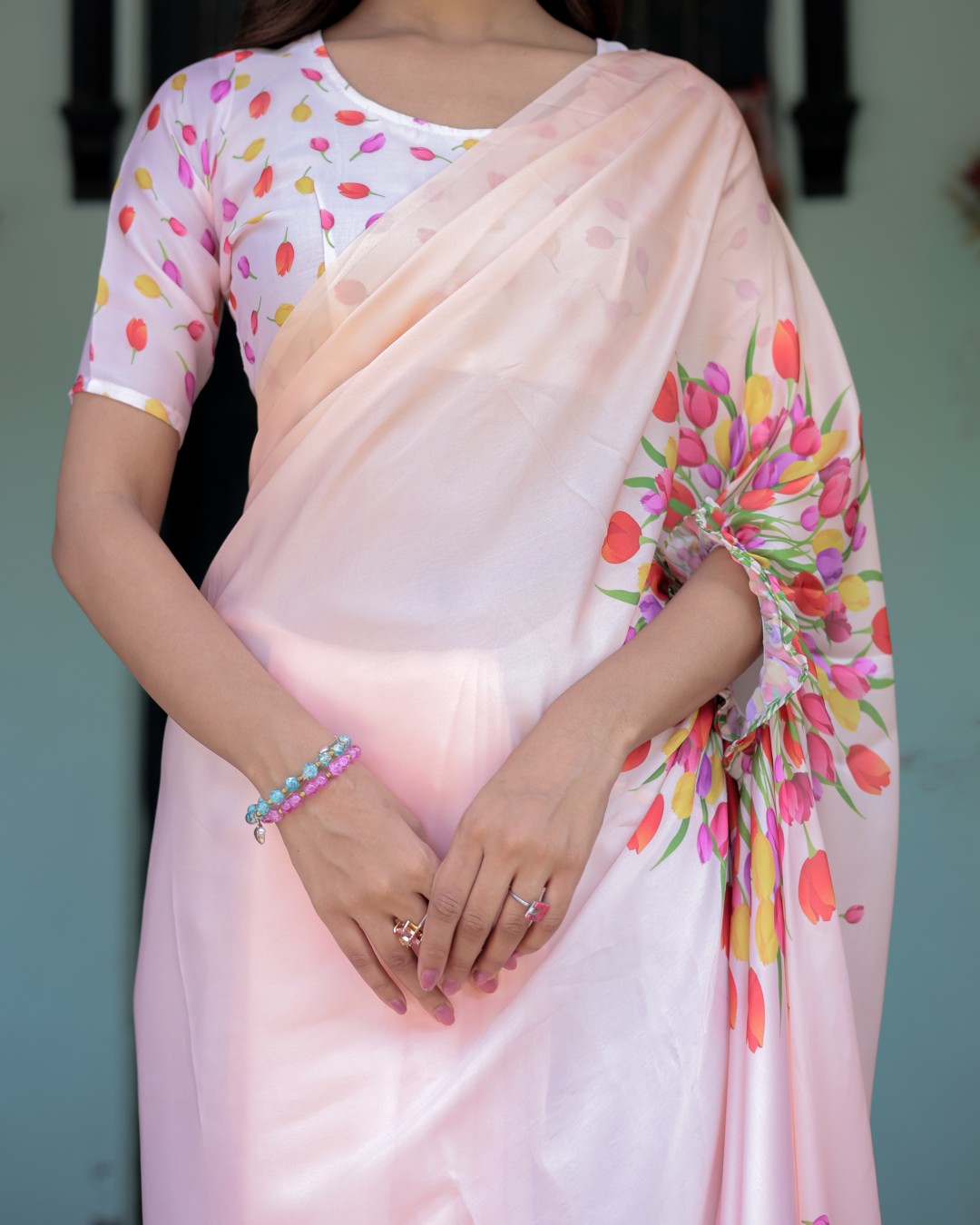 Peach Pink Satin Georgette Designer Saree with Tulip Mandala Artwork & Printed Blouse | Handsfree Pallu Loop (Pack of 1)