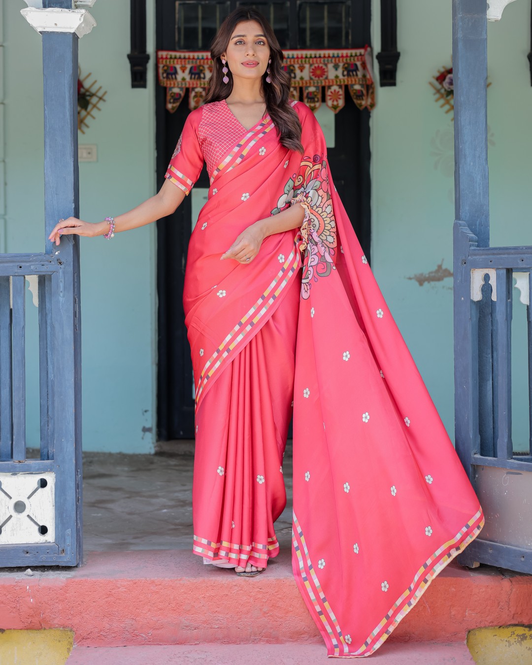 Coral Pink Satin Georgette Saree with Floral Mandala Print & Checked Striped Blouse | Designer Handsfree Pallu Loop(Pack of 1)