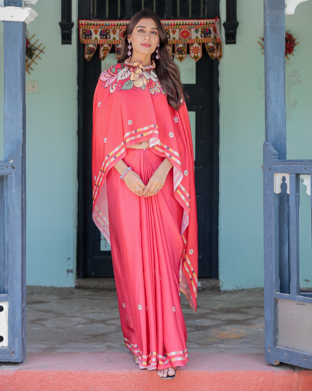 Coral Pink Satin Georgette Saree with Floral Mandala Print & Checked Striped Blouse | Designer Handsfree Pallu Loop(Pack of 1)