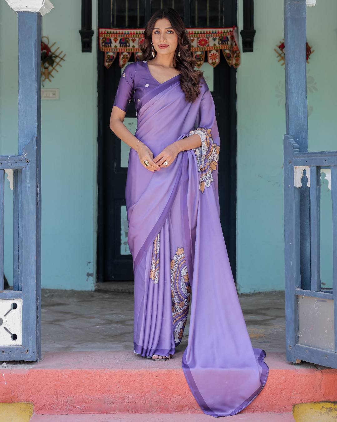 Lavender Purple Satin Georgette Saree with Earthy Mandala Print & Printed Pleats | Handsfree Loop Drape(Pack of 1)