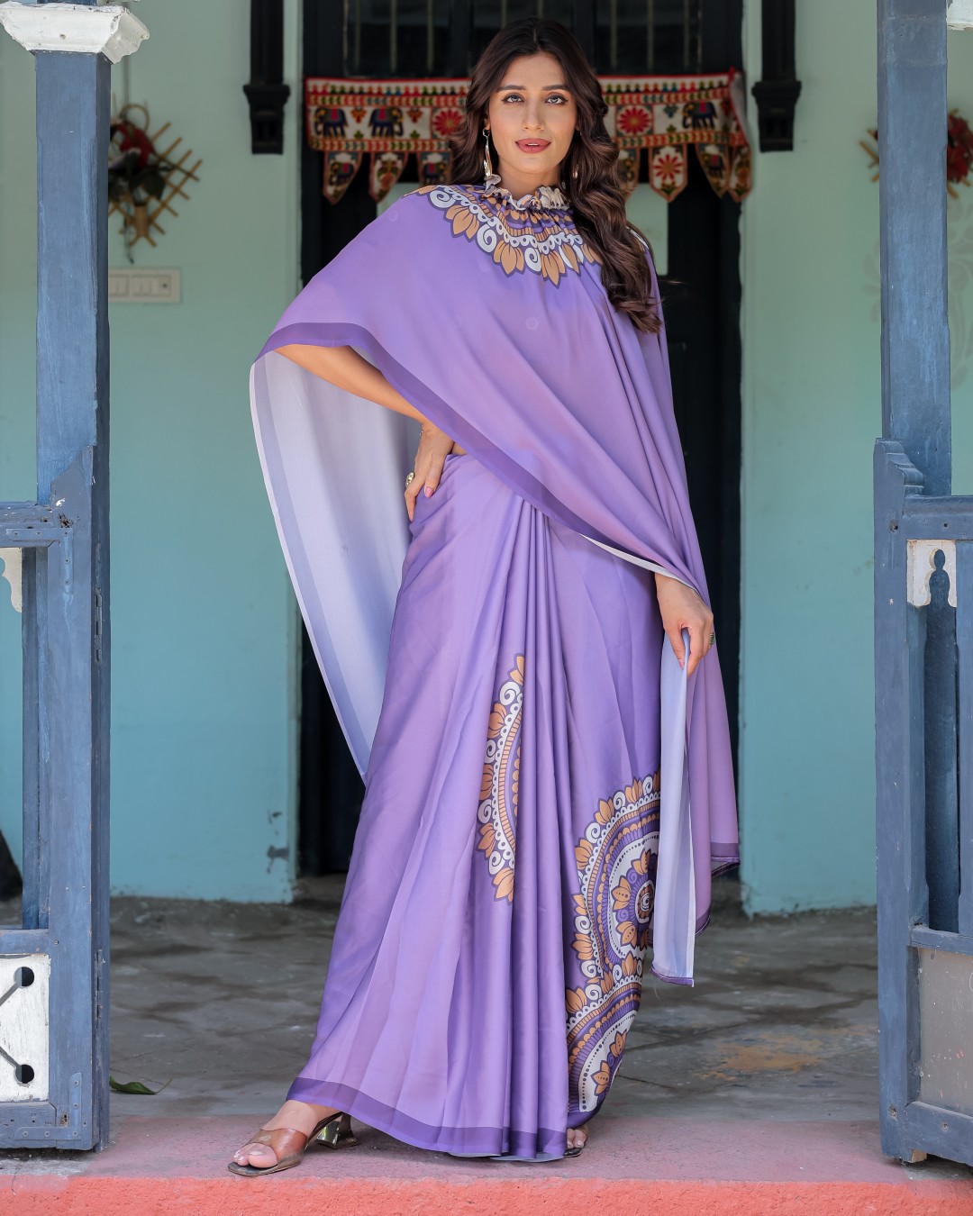 Lavender Purple Satin Georgette Saree with Earthy Mandala Print & Printed Pleats | Handsfree Loop Drape(Pack of 1)