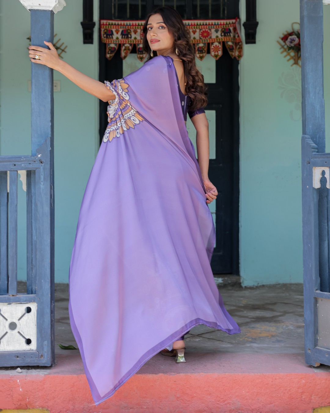 Lavender Purple Satin Georgette Saree with Earthy Mandala Print & Printed Pleats | Handsfree Loop Drape(Pack of 1)