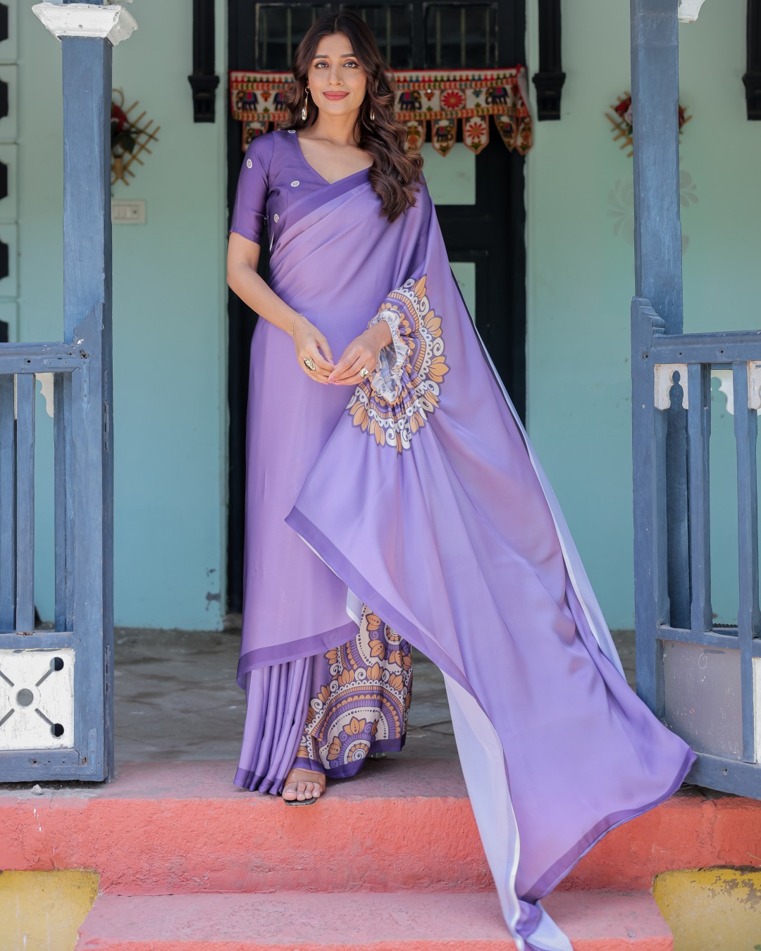 Lavender Purple Satin Georgette Saree with Earthy Mandala Print & Printed Pleats | Handsfree Loop Drape(Pack of 1)