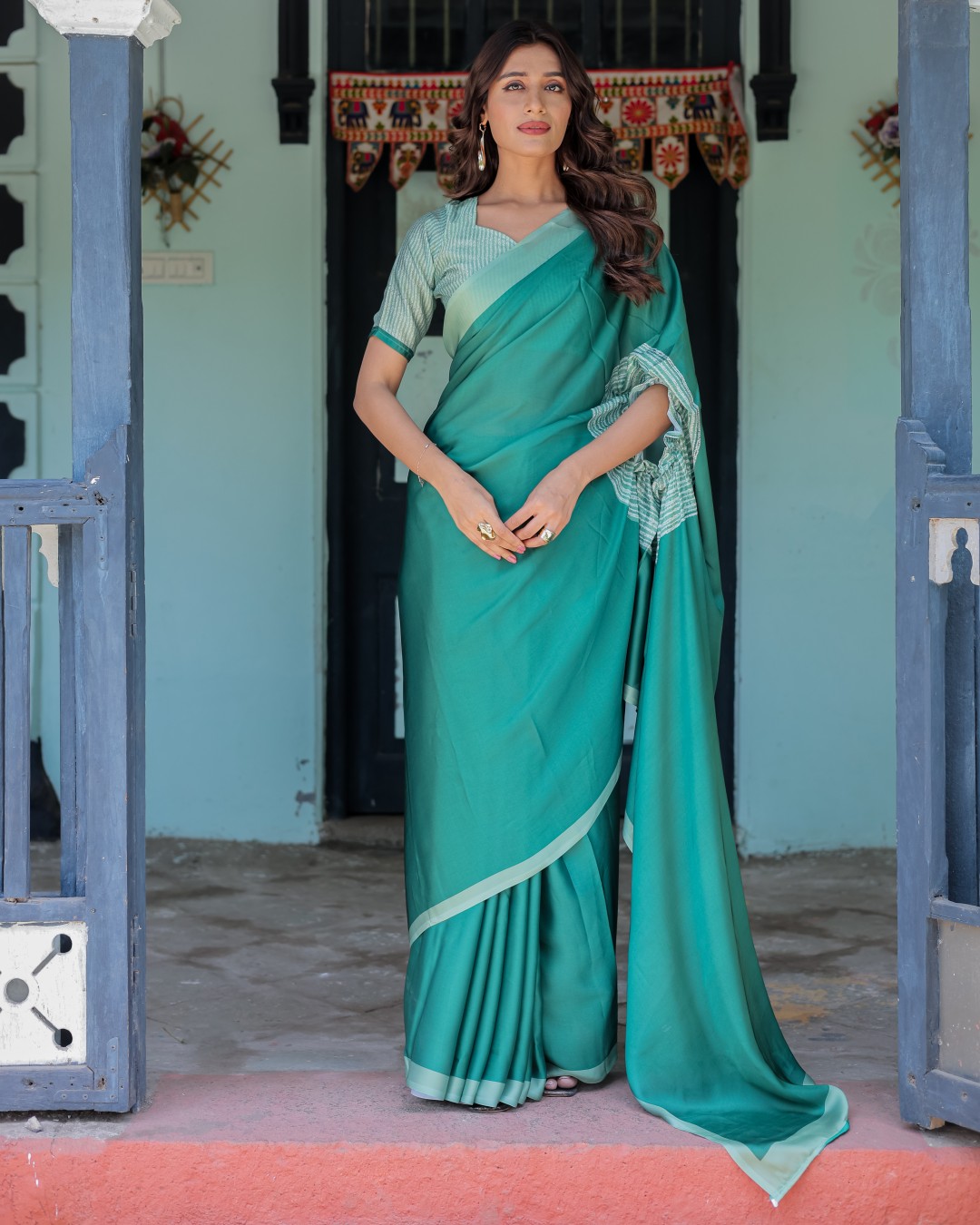 Emerald Green Satin Georgette Designer Saree with Striped Mandala Detail & Mint Textured Blouse | Handsfree Pallu Loop(Pack of 1)