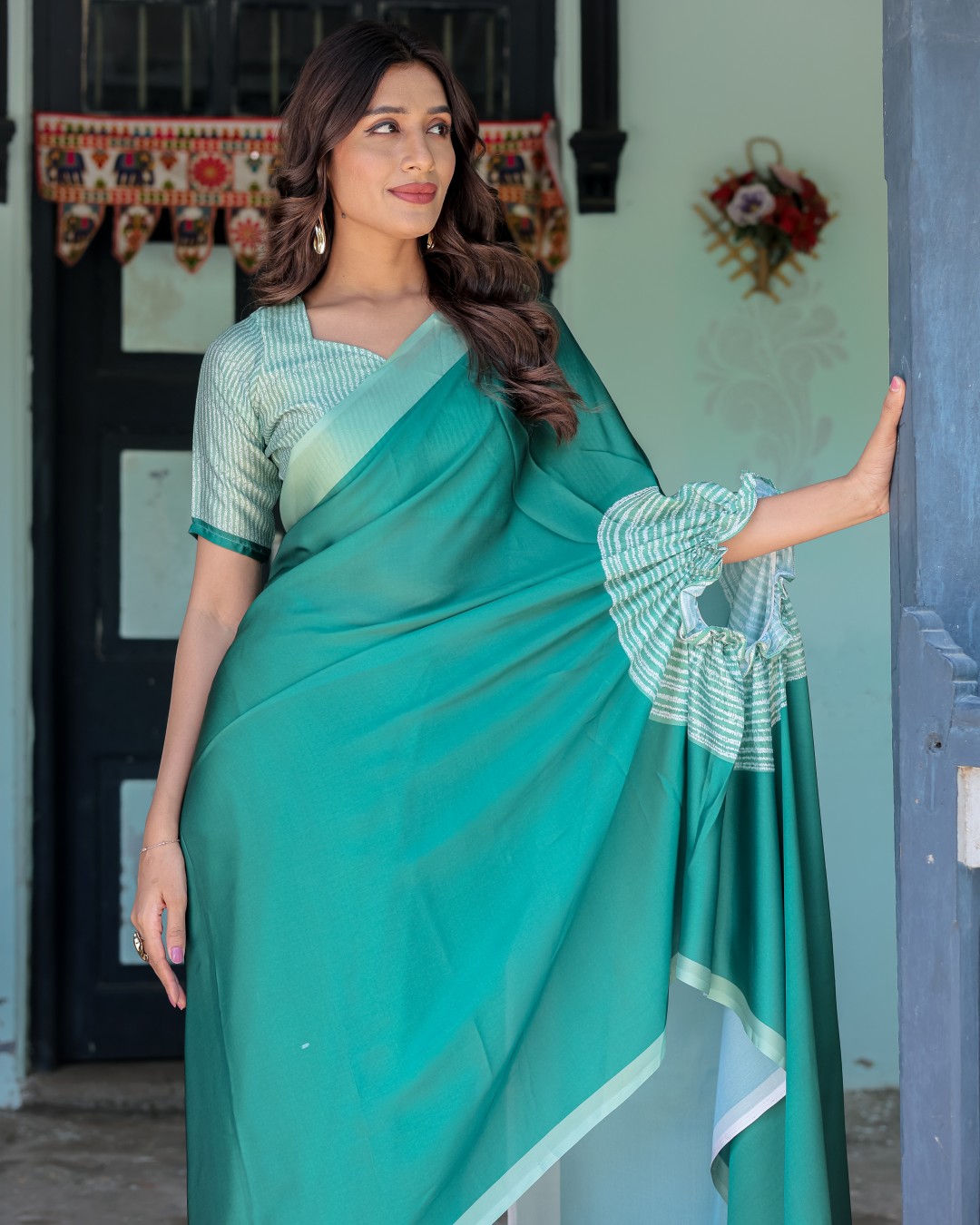 Emerald Green Satin Georgette Designer Saree with Striped Mandala Detail & Mint Textured Blouse | Handsfree Pallu Loop(Pack of 1)