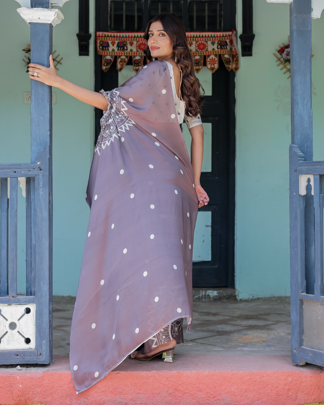 Mocha Beige Satin Georgette Saree with White Polka Dots & Mandala Pallu | Designer Freehand Saree with Handsfree Pallu Loop(Pack of 1)