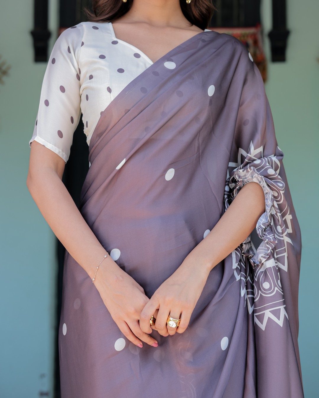 Mocha Beige Satin Georgette Saree with White Polka Dots & Mandala Pallu | Designer Freehand Saree with Handsfree Pallu Loop(Pack of 1)