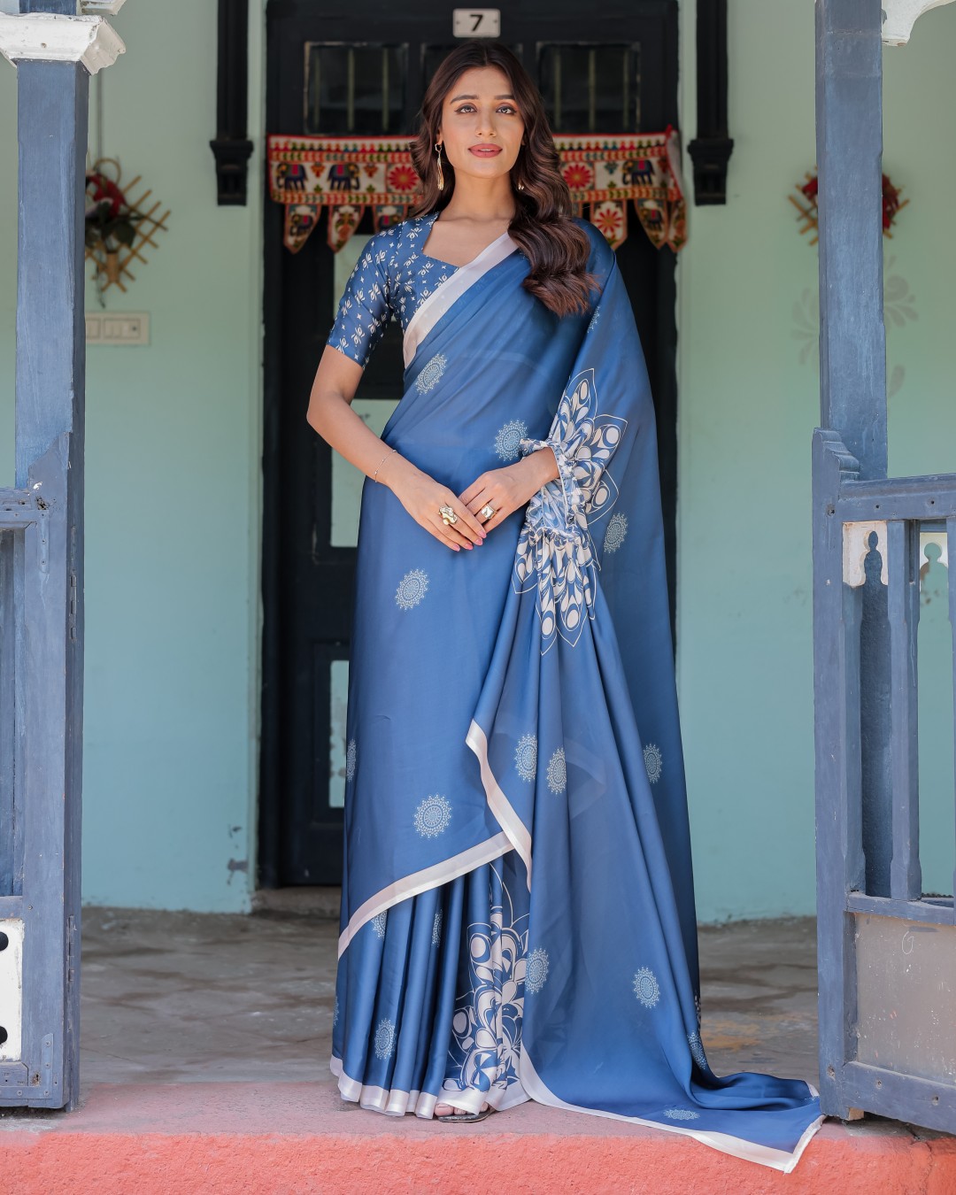 Ocean Blue Satin Georgette Freehand Saree with White Mandala Motifs & Printed Ikat Blouse | Handsfree Loop Drape(Pack of 1)