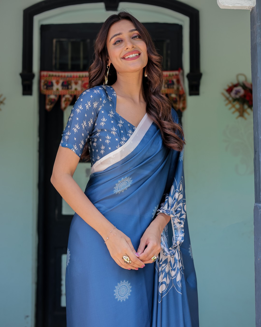 Ocean Blue Satin Georgette Freehand Saree with White Mandala Motifs & Printed Ikat Blouse | Handsfree Loop Drape(Pack of 1)