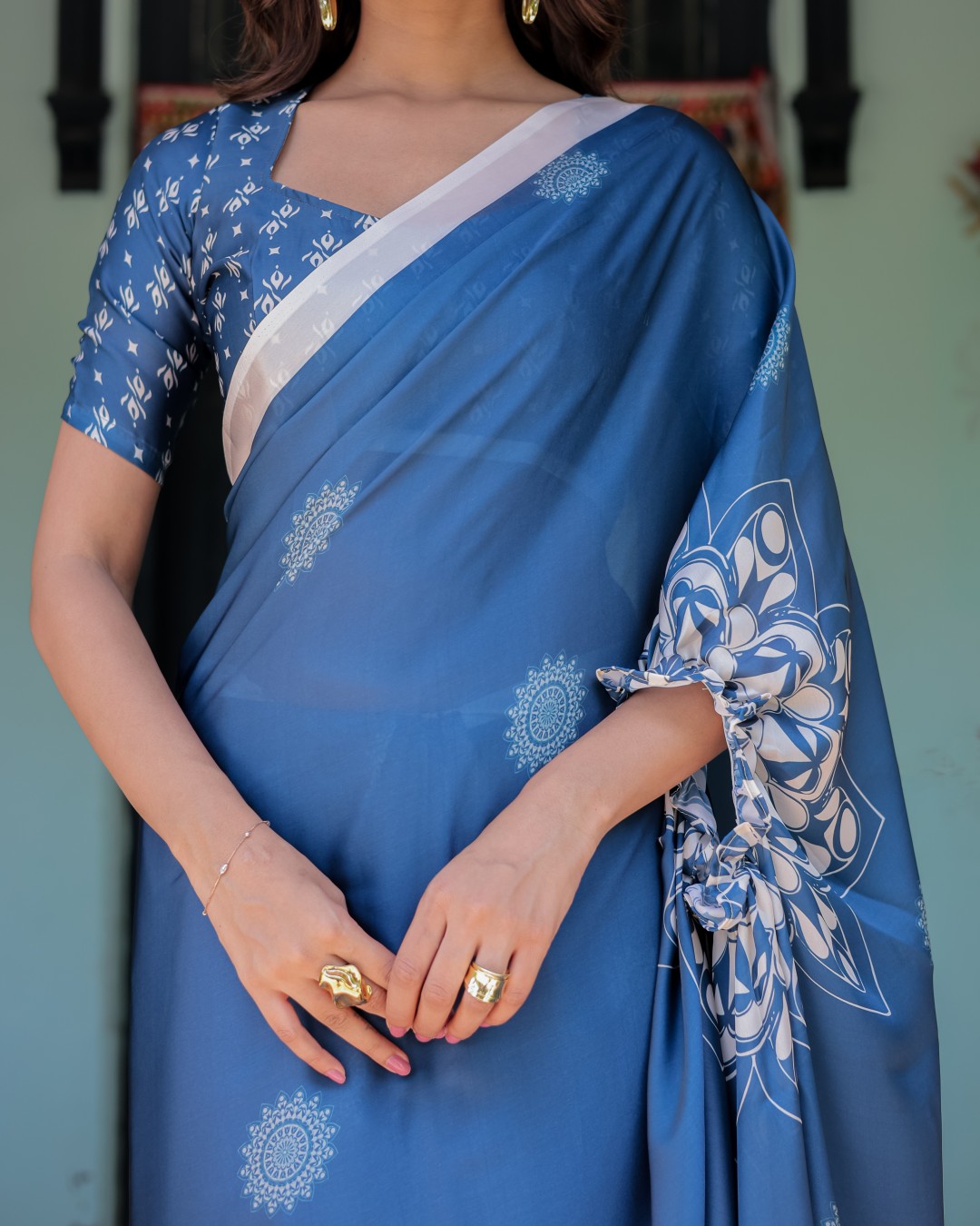 Ocean Blue Satin Georgette Freehand Saree with White Mandala Motifs & Printed Ikat Blouse | Handsfree Loop Drape(Pack of 1)