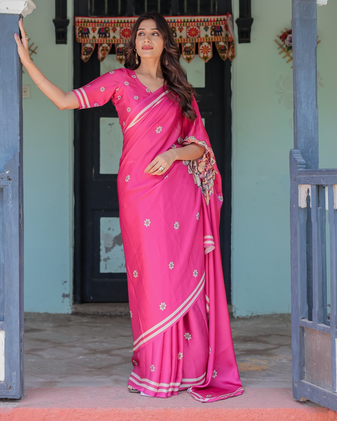 Vibrant Rani Pink Freehand Floral Printed Saree in Satin Georgette with Ivory Border & Designer Blouse | 5.5m Saree + 0.8m Blouse Piece(Pack of 1)