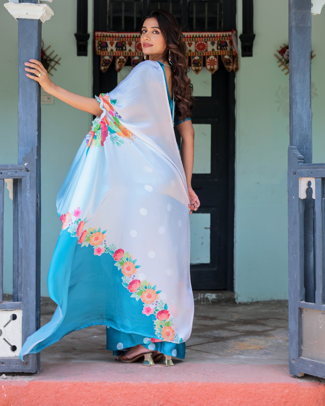 Sky Blue Satin Georgette Polka Dot Saree with Floral Pallu & Teal Blouse | Handsfree Draping Loop(Pack of 1)