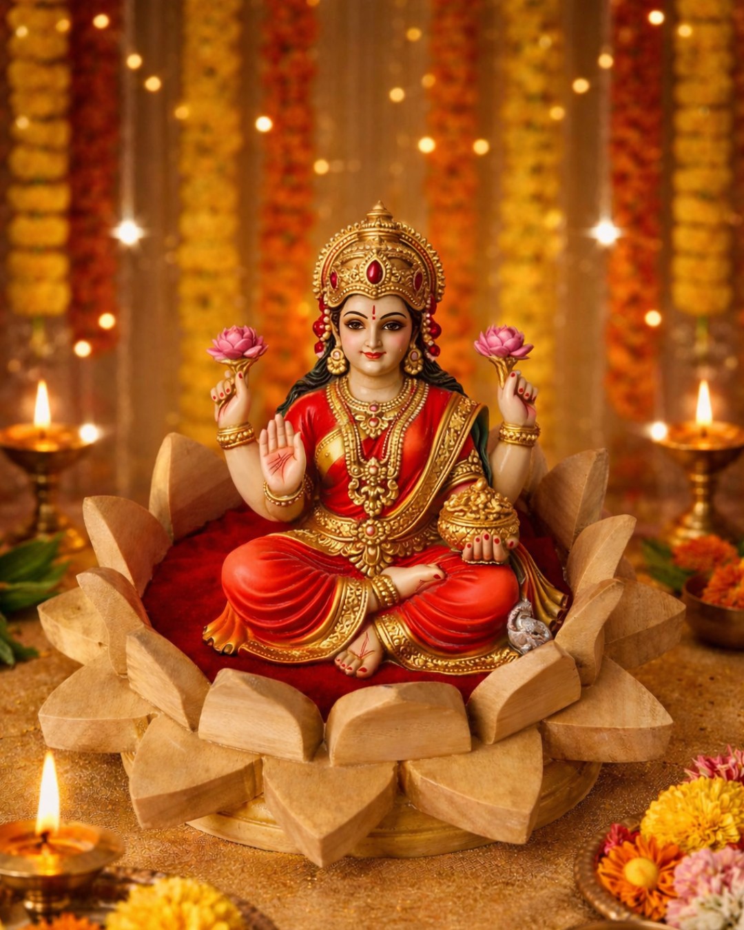 Handcrafted Wooden Lotus Design Pooja Chowki with Velvet Cushion (Pack of 1)