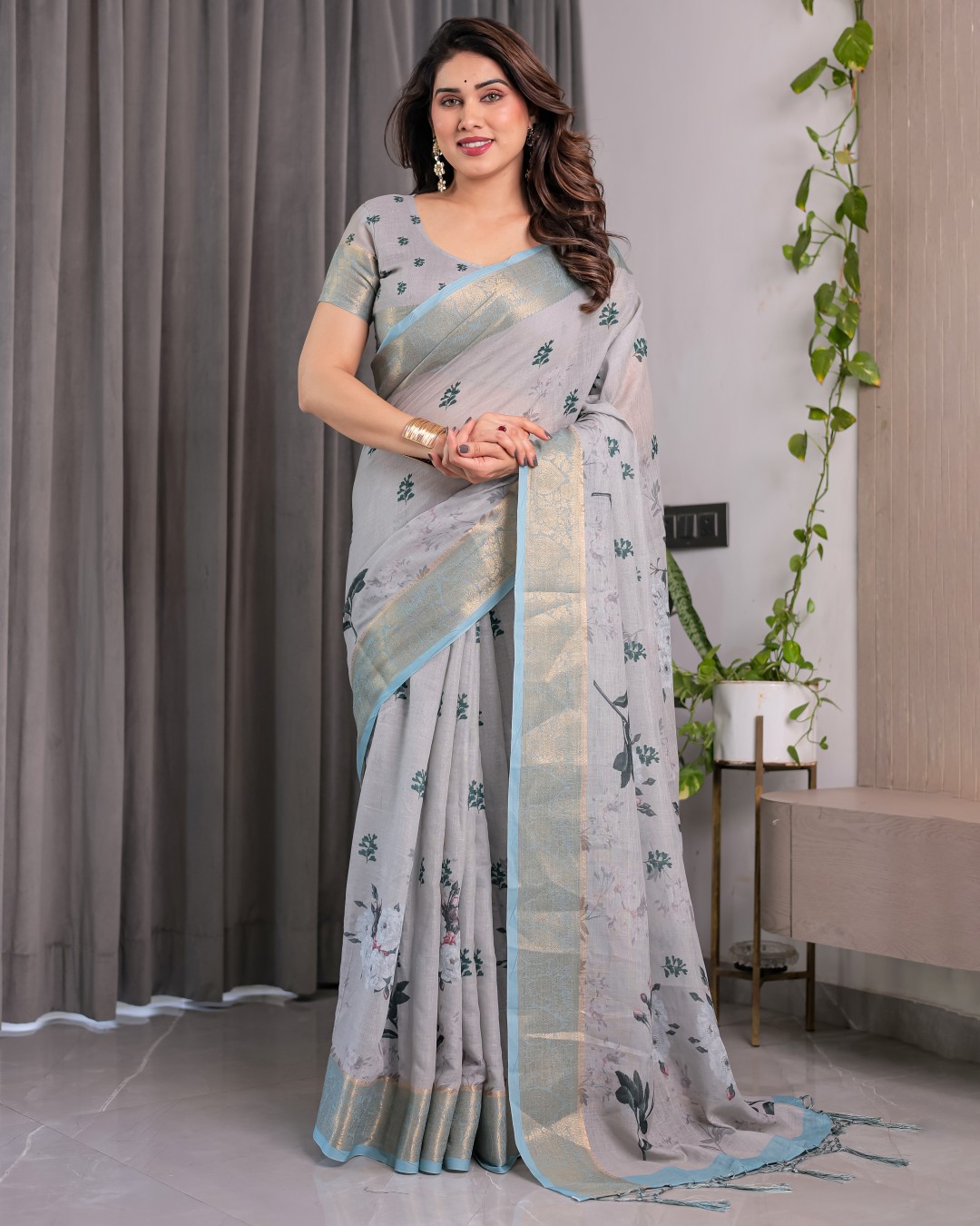 Handloom Linen Saree with Floral Print, Gold Zari Border & Tassel Detailing | Attached Blouse Piece | 5.5m Saree + 0.8m Blouse(Pack of 1)