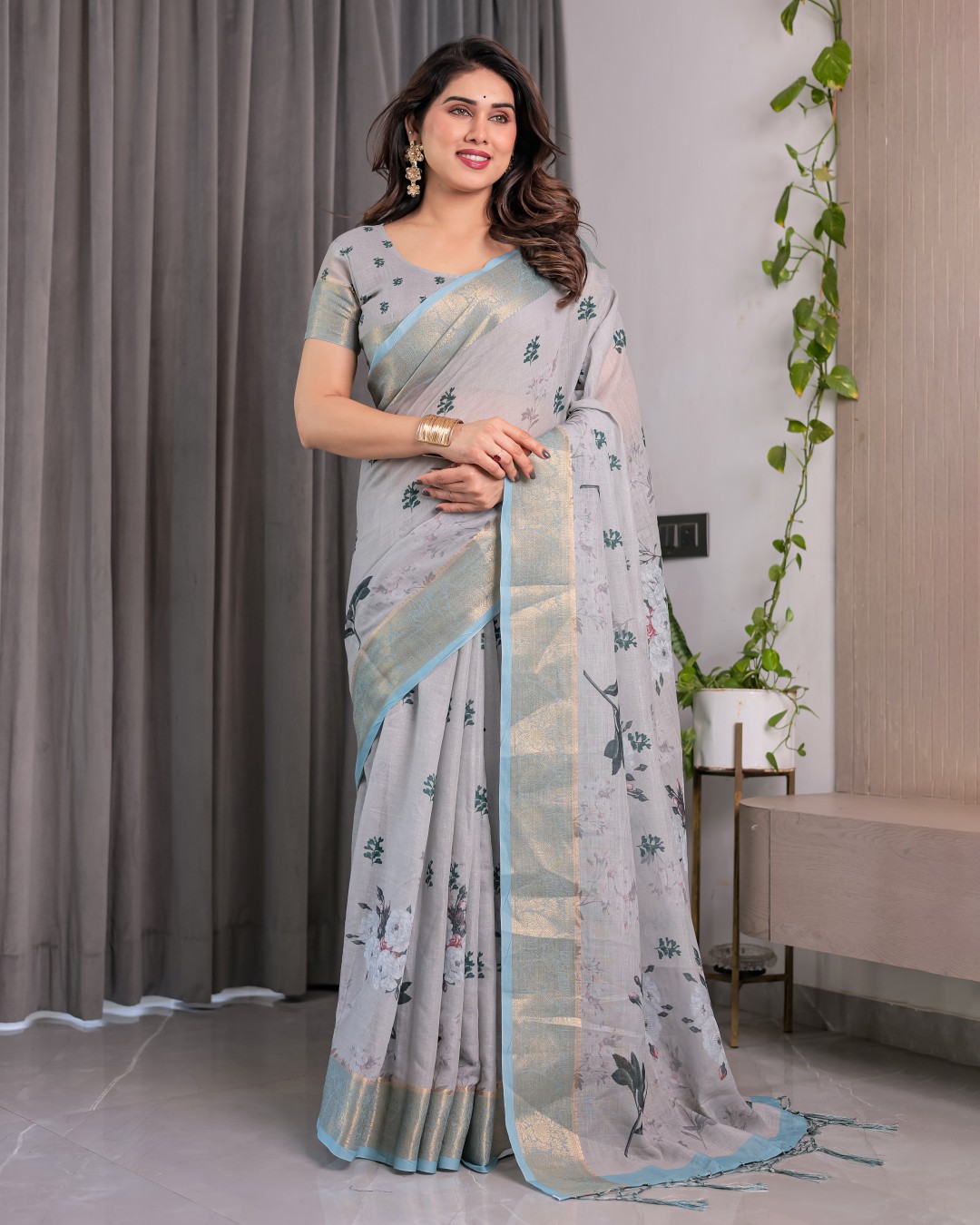 Handloom Linen Saree with Floral Print, Gold Zari Border & Tassel Detailing | Attached Blouse Piece | 5.5m Saree + 0.8m Blouse(Pack of 1)