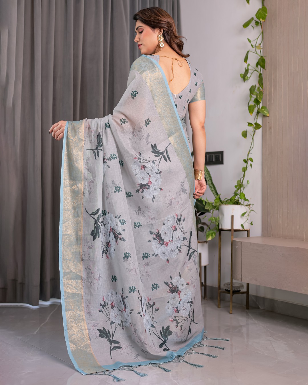 Handloom Linen Saree with Floral Print, Gold Zari Border & Tassel Detailing | Attached Blouse Piece | 5.5m Saree + 0.8m Blouse(Pack of 1)