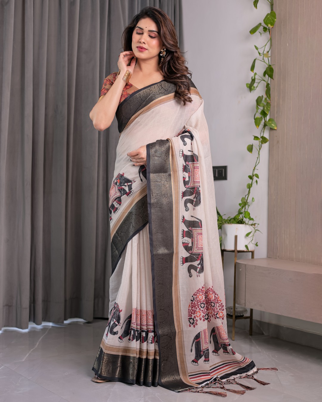 Handloom Linen Saree with Floral Print, Gold Zari Border & Tassel Detailing | Attached Blouse Piece | 5.5m Saree + 0.8m Blouse(Pack of 1)