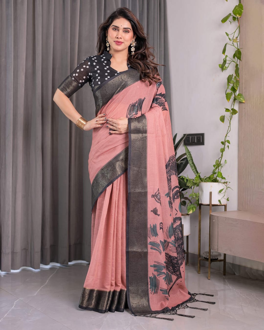 Handloom Linen Saree with Floral Print, Gold Zari Border & Tassel Detailing | Attached Blouse Piece | 5.5m Saree + 0.8m Blouse(Pack of 1)