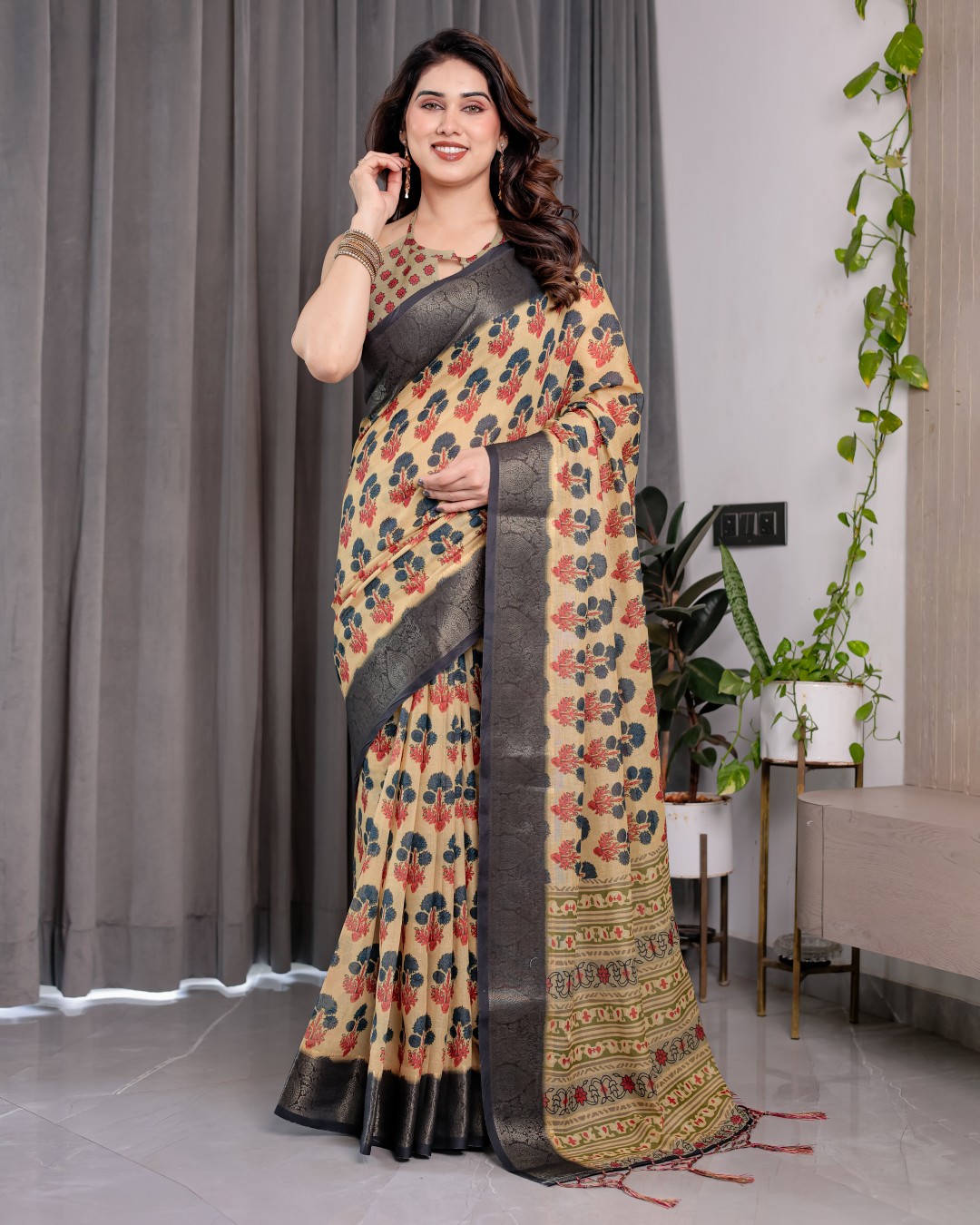 Handloom Linen Saree with Red-Blue Floral Buttas & Ethnic Pallu | Antique Black Zari Border & Tassels | Attached Blouse | 5.5m Saree + 0.8m Blouse(Pack of 1)