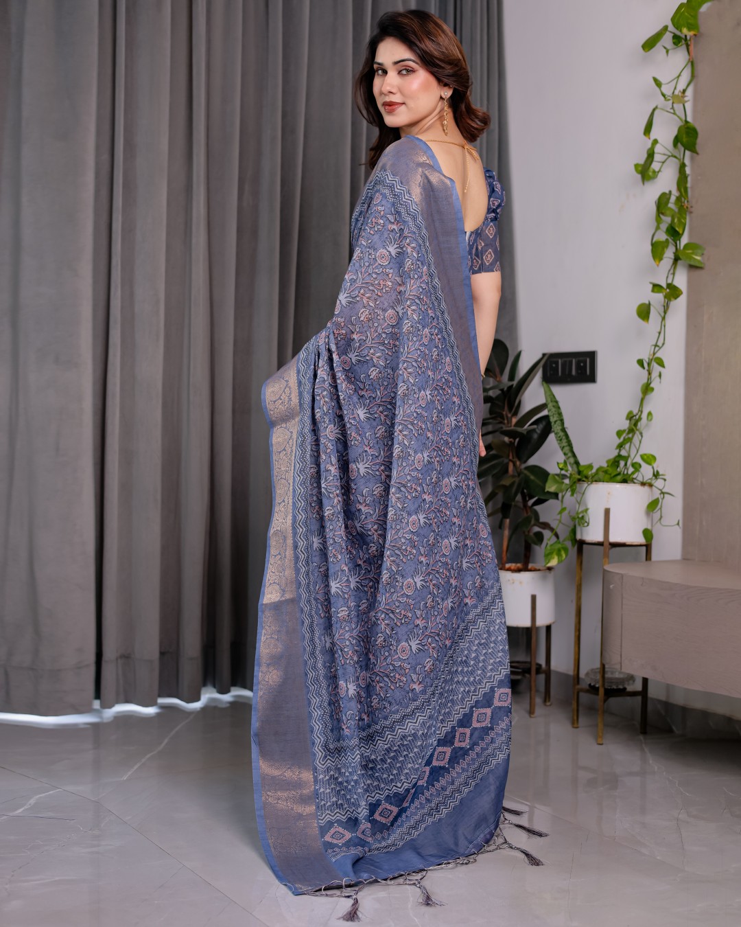 Handloom Linen Saree with Black Vertical Stripes & Tribal Motifs | Golden Zari Border & Tassel Pallu | Attached Blouse | 5.5m Saree + 0.8m Blouse(Pack of 1)