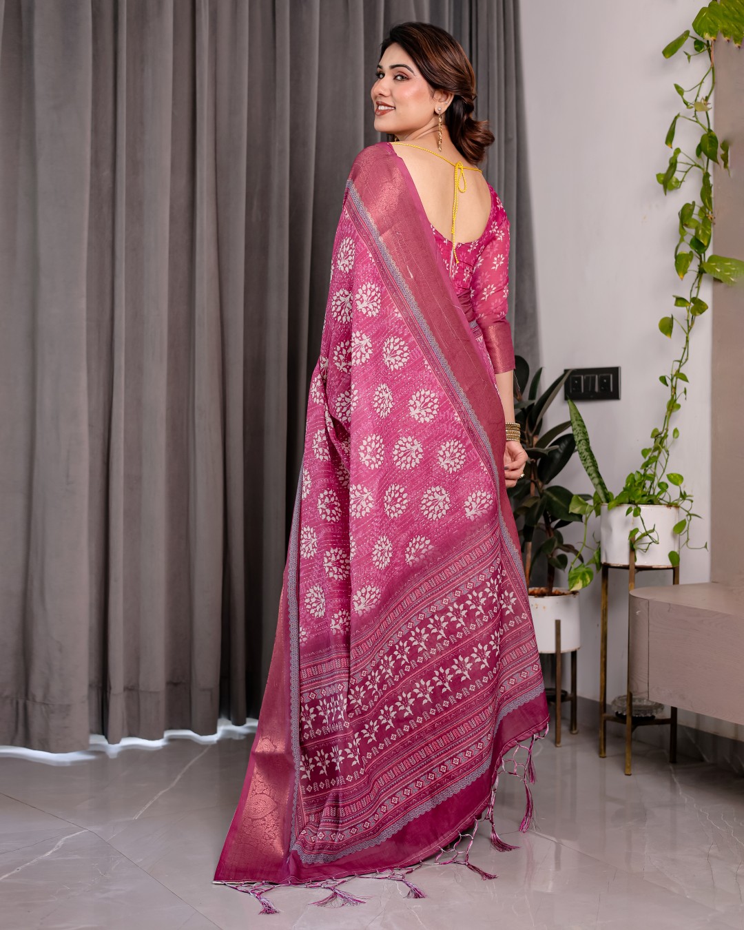 Handloom Linen Saree with Black Vertical Stripes & Tribal Motifs | Golden Zari Border & Tassel Pallu | Attached Blouse | 5.5m Saree + 0.8m Blouse(Pack of 1)