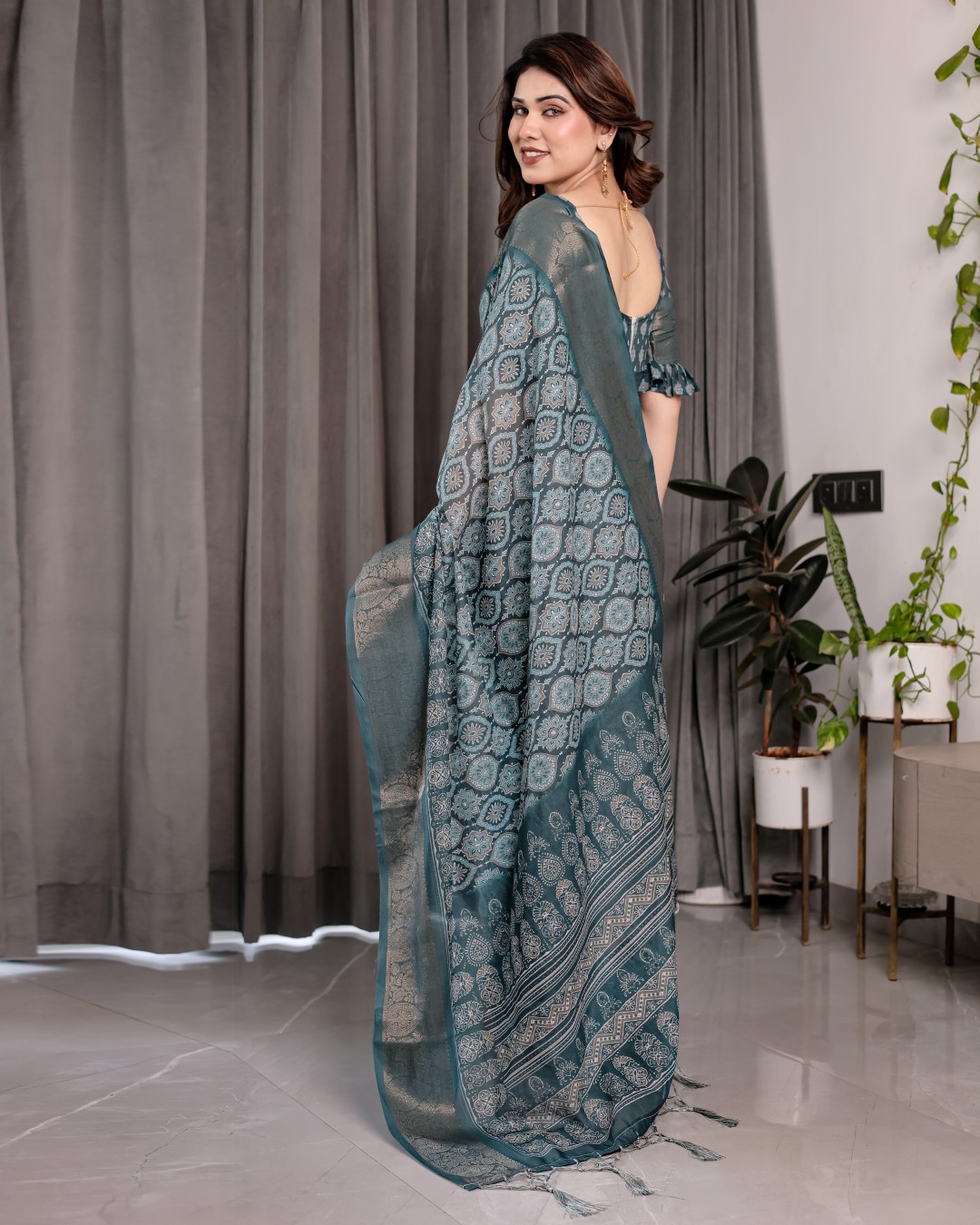 Handloom Linen Saree with Black Vertical Stripes & Tribal Motifs | Golden Zari Border & Tassel Pallu | Attached Blouse | 5.5m Saree + 0.8m Blouse(Pack of 1)