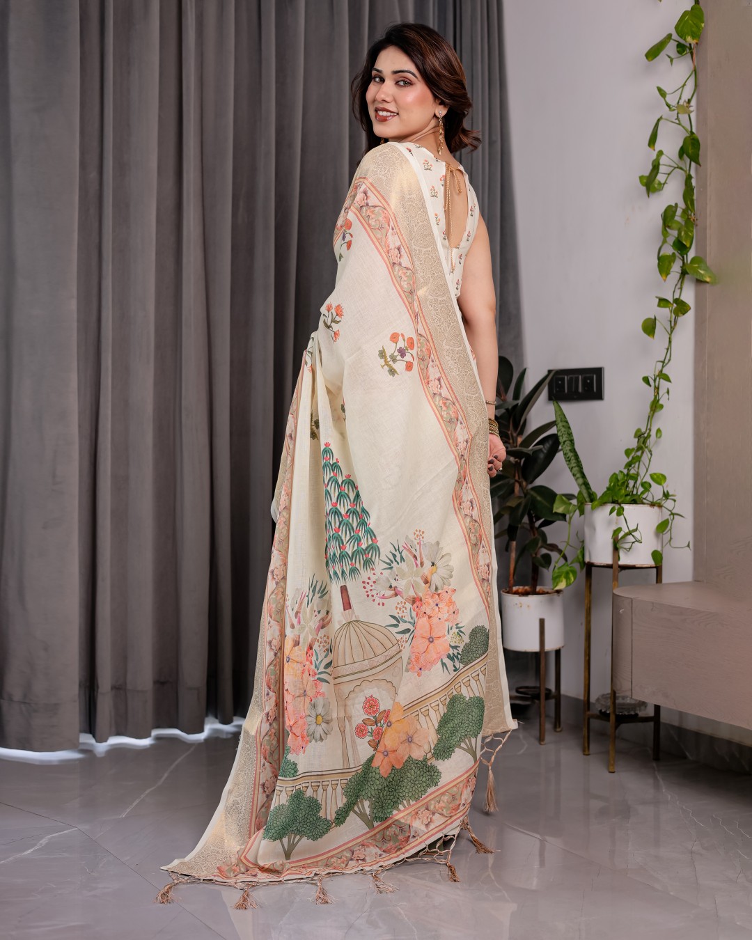 Handloom Linen Saree with Black Vertical Stripes & Tribal Motifs | Golden Zari Border & Tassel Pallu | Attached Blouse | 5.5m Saree + 0.8m Blouse(Pack of 1)