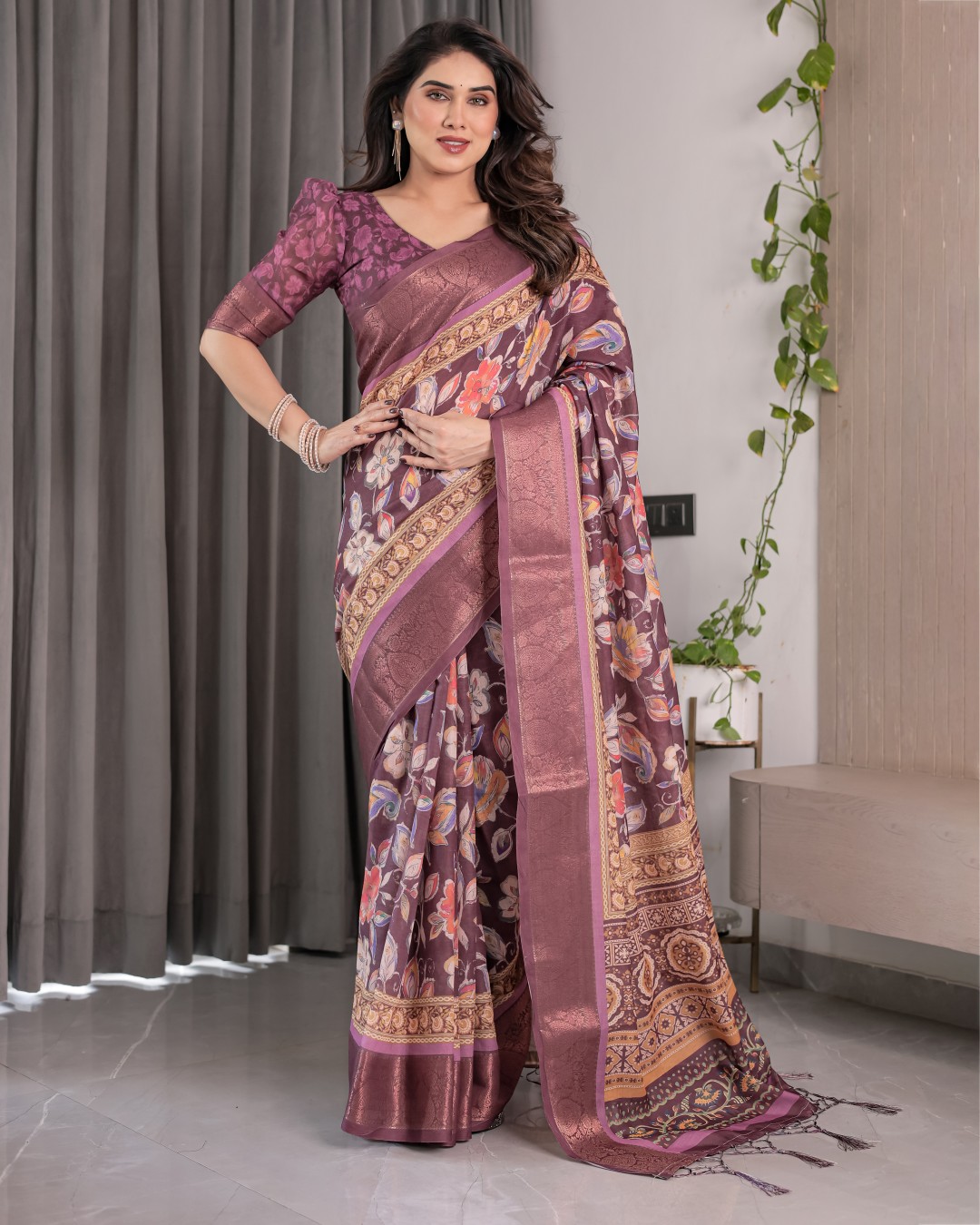 Handloom Linen Saree with Ivory Tribal Bandhani Print & Zari Border | Tassel Pallu | 5.5m Saree + 0.8m Blouse(Pack of 1)