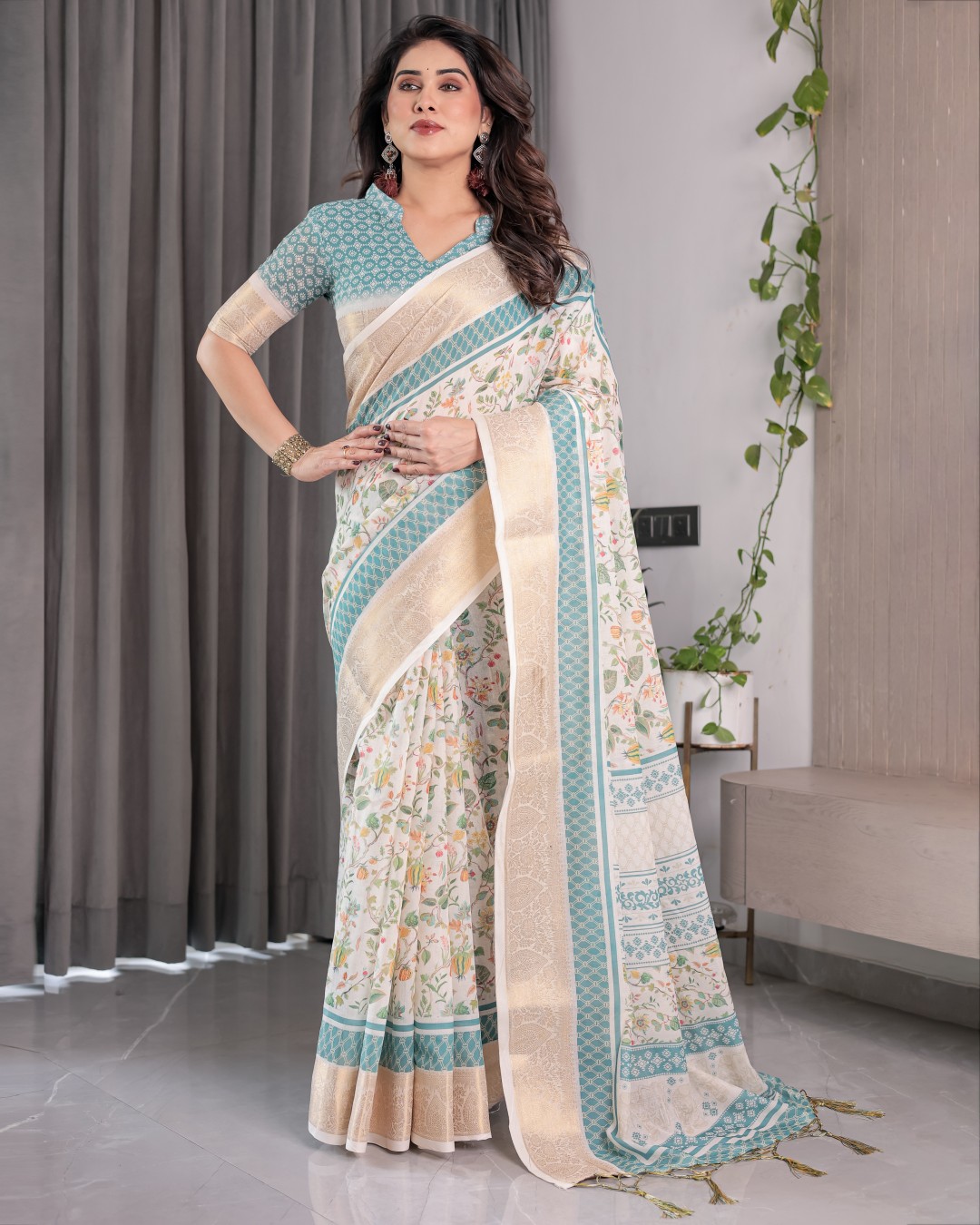 Handloom Linen Saree with Ivory Tribal Bandhani Print & Zari Border | Tassel Pallu | 5.5m Saree + 0.8m Blouse(Pack of 1)