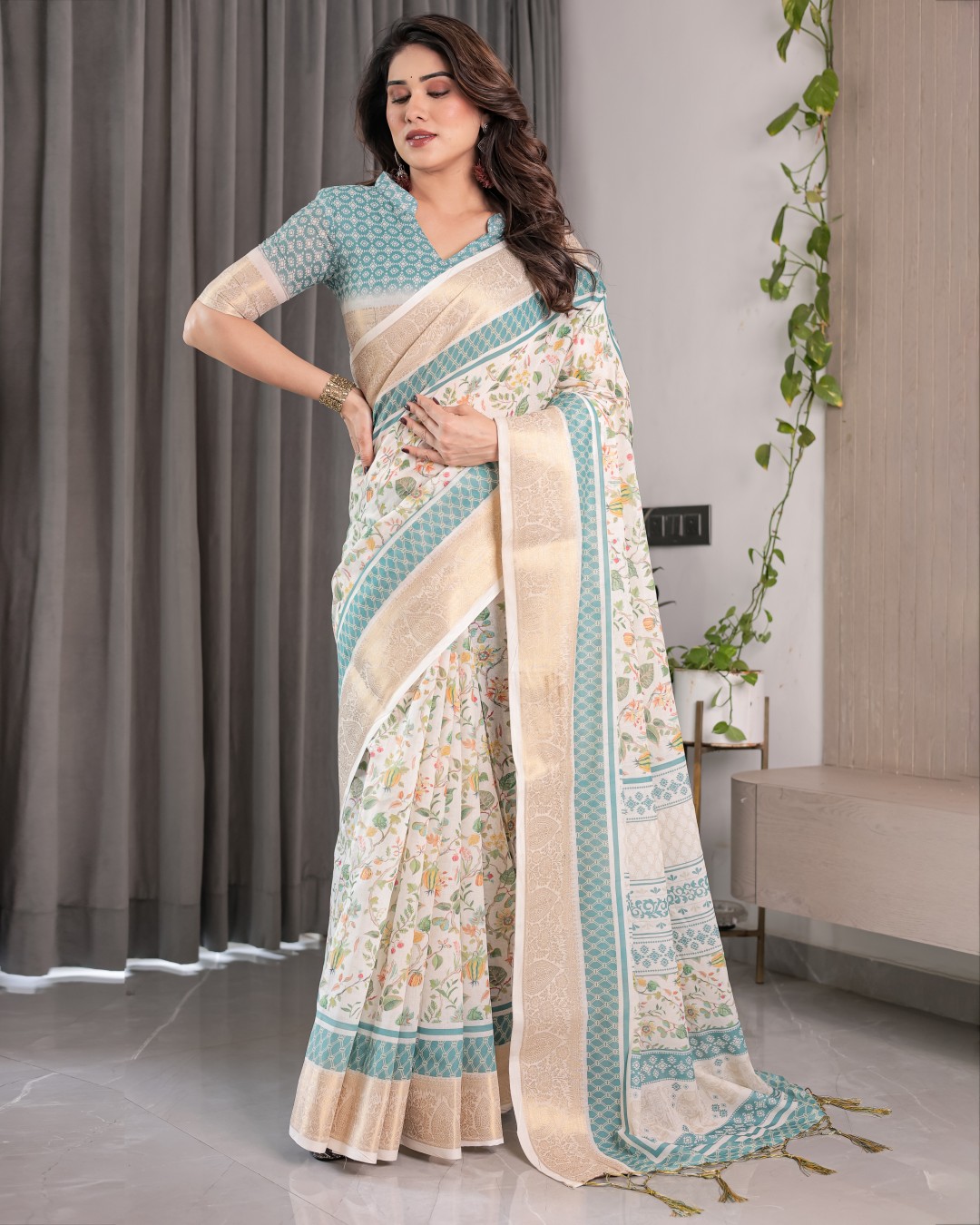 Handloom Linen Saree with Ivory Tribal Bandhani Print & Zari Border | Tassel Pallu | 5.5m Saree + 0.8m Blouse(Pack of 1)