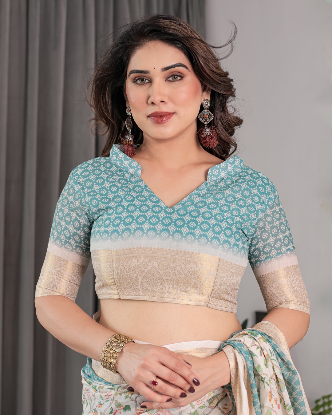 Handloom Linen Saree with Ivory Tribal Bandhani Print & Zari Border | Tassel Pallu | 5.5m Saree + 0.8m Blouse(Pack of 1)