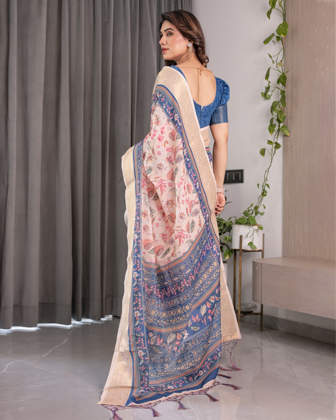 Handloom Linen Saree with Ivory Tribal Bandhani Print & Zari Border | Tassel Pallu | 5.5m Saree + 0.8m Blouse(Pack of 1)