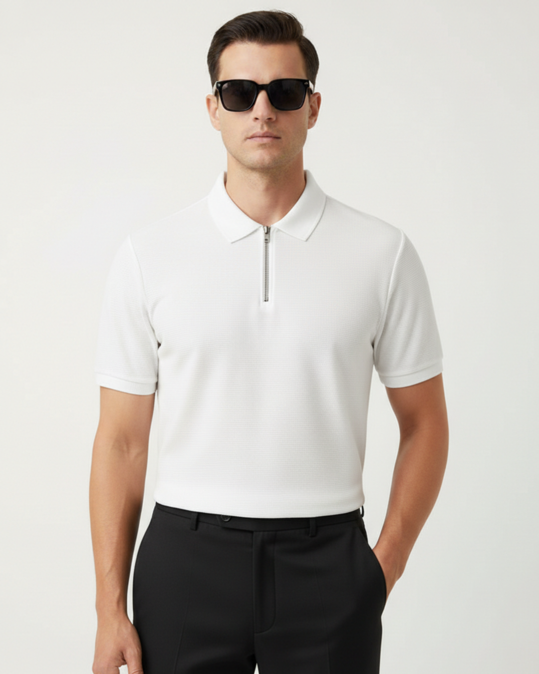 Men’s Slim-Fit Black Zip-Neck Polo Shirt(Pack of 1)