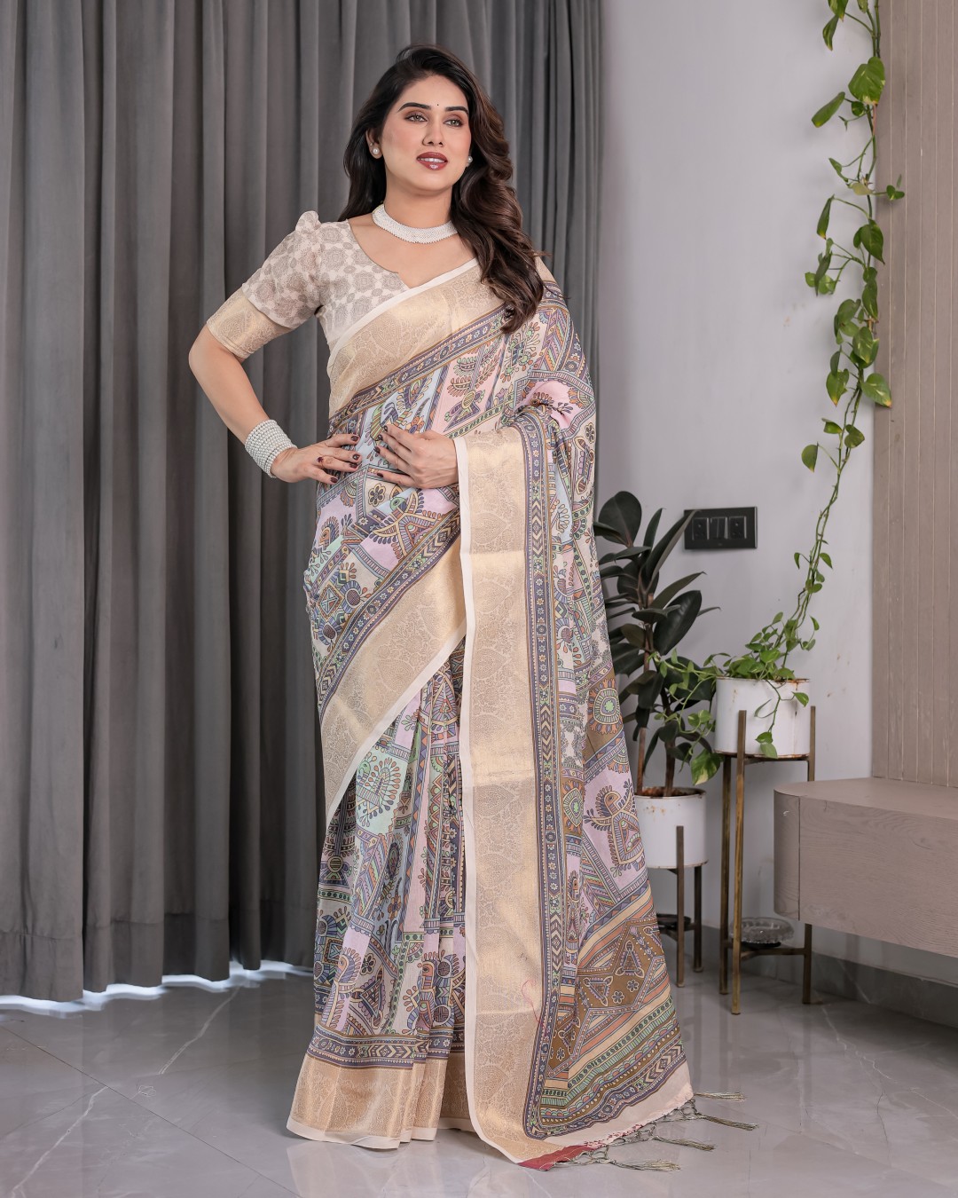 Handloom Linen Saree with Multicolor Leaf Print & Tribal Geometric Pallu | Zari Border | 5.5m Saree + 0.8m Blouse with Tassels(Pack of 1)