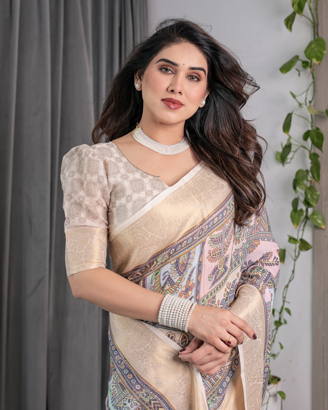 Handloom Linen Saree with Multicolor Leaf Print & Tribal Geometric Pallu | Zari Border | 5.5m Saree + 0.8m Blouse with Tassels(Pack of 1)