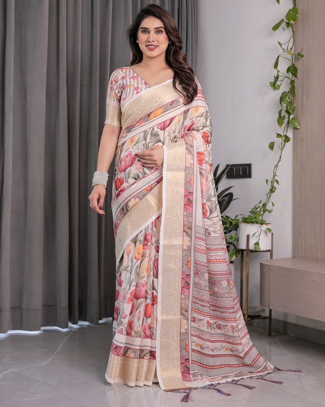 Handloom Linen Saree with Multicolor Leaf Print & Tribal Geometric Pallu | Zari Border | 5.5m Saree + 0.8m Blouse with Tassels(Pack of 1)